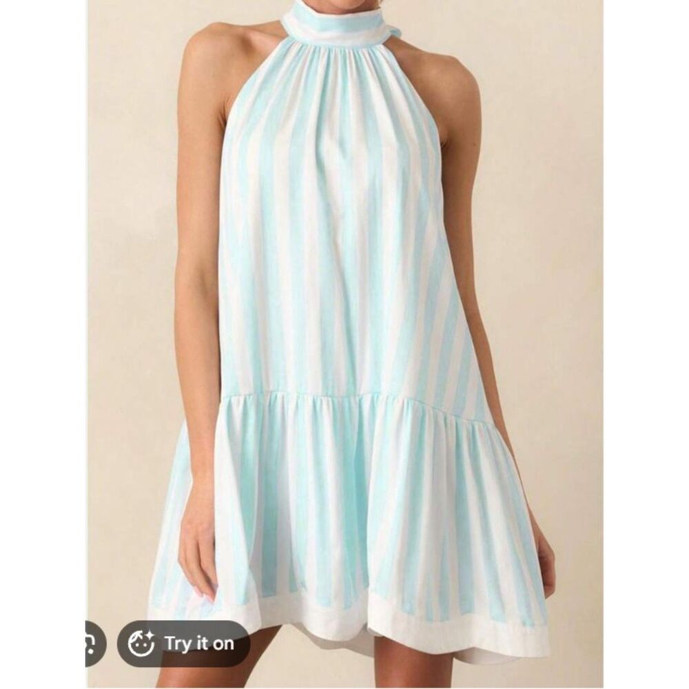 Prosperina Gatsby Bonnet Blue Stripe Scalloped Swing Dress Size S New